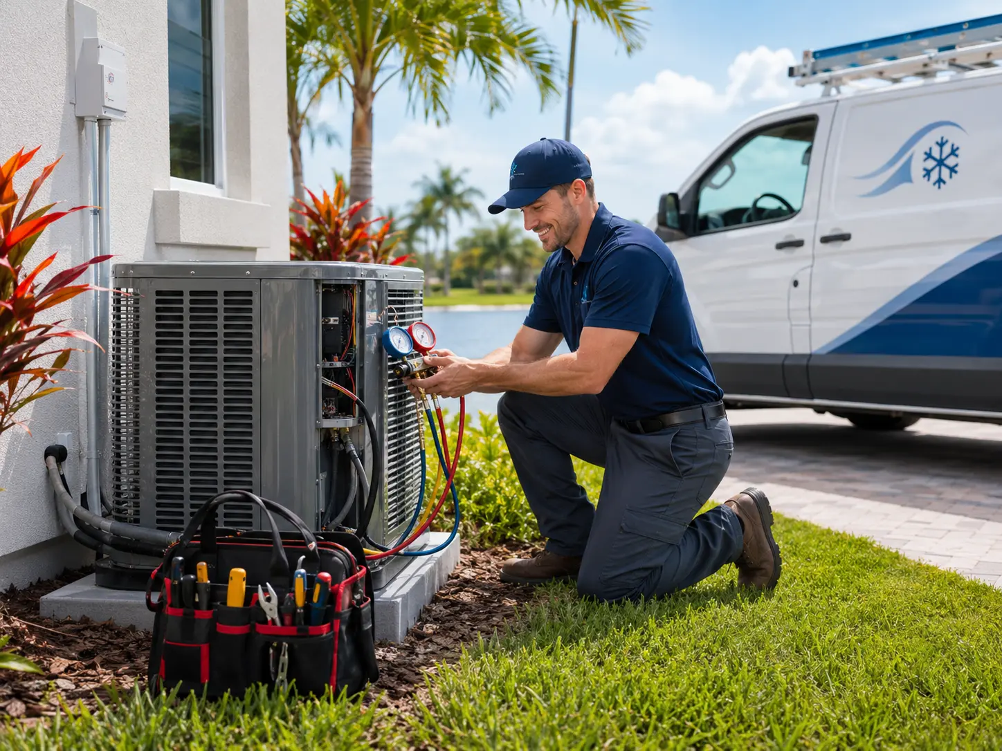 HVAC technician taking refrigerant readings with manifold gauges at an outdoor AC condenser in Port St. Lucie, FL