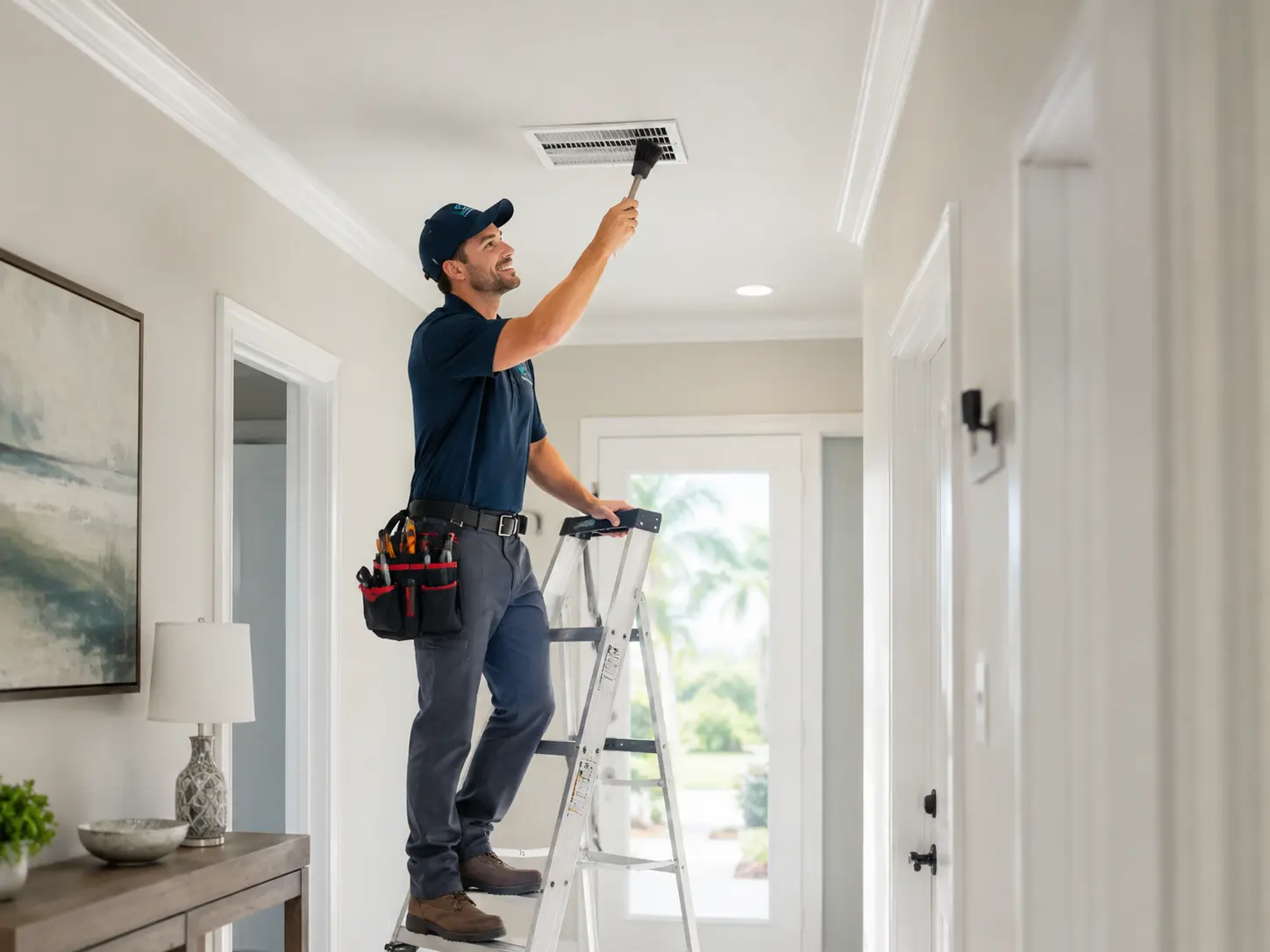 HVAC technician inspecting a ceiling supply vent for airflow