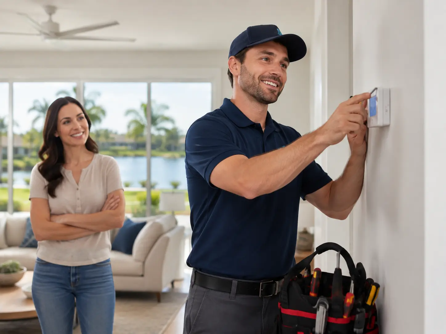 Technician adjusting a home thermostat alongside a homeowner