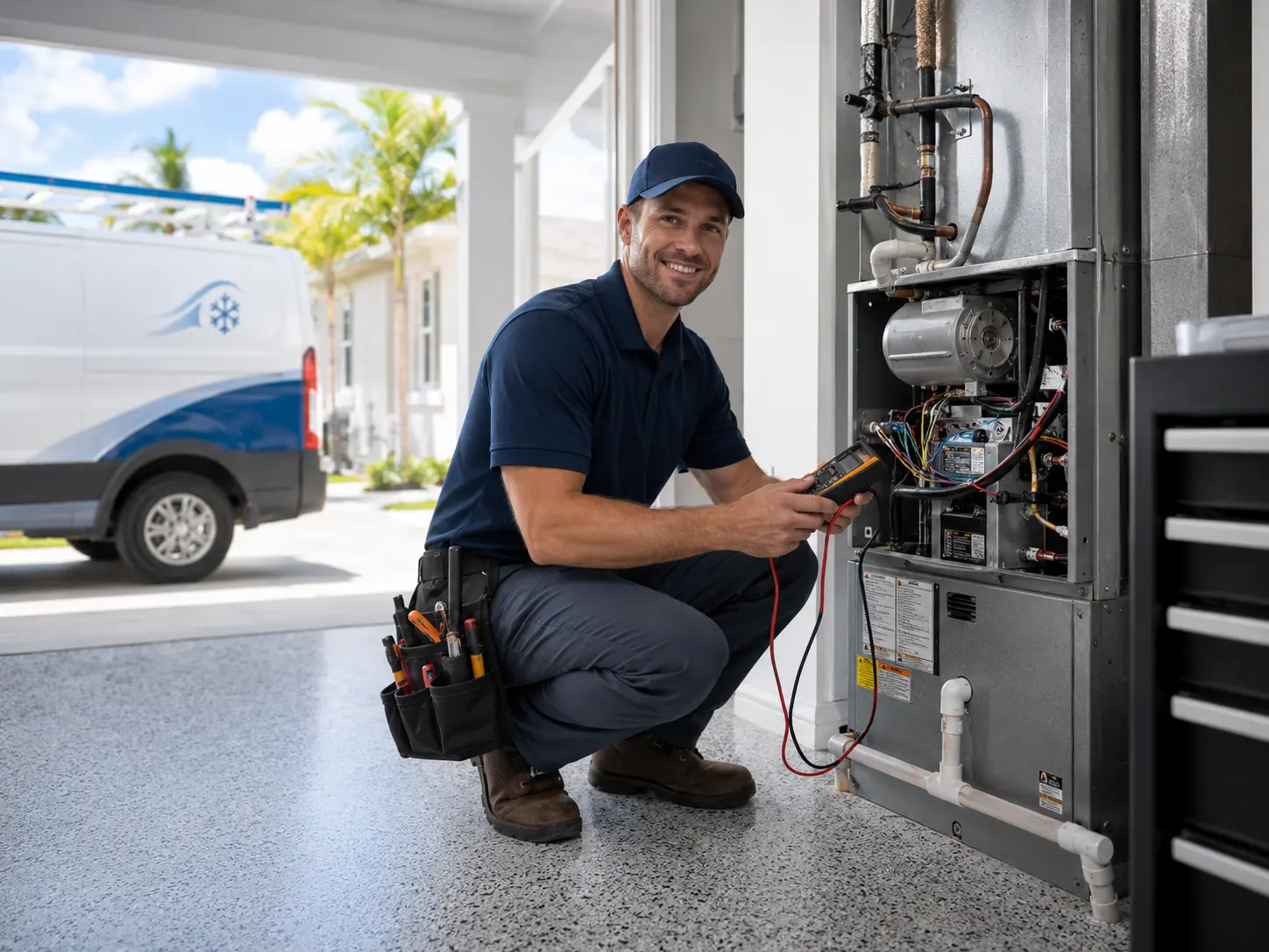 HVAC technician testing an indoor air handler with a multimeter