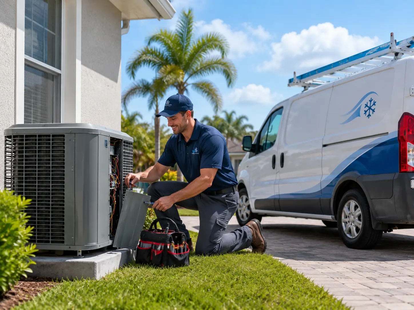 HVAC technician checking refrigerant pressures on an outdoor air conditioning condenser